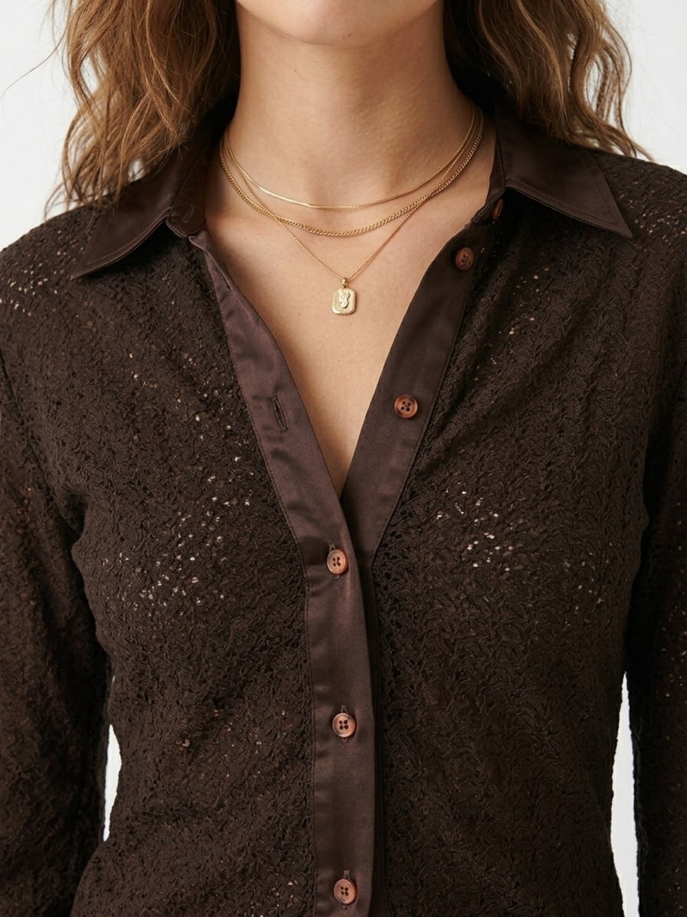 Vintage  Dolce & Gabbana  Women’s Chocolate Brown Lace Button-Up Top Size Small